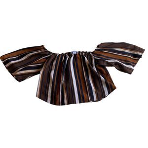Favlux Fashion Crop Top Off The Shoulder Size M Stripe Brown Blk Puffy Sleeves.